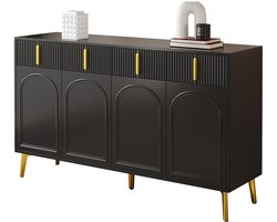 Merax Zwart Dressoir met Gouden Handgrepen – 4 Deuren en 4 Lades – Luxe Opbergkast met Verstelbare Planken