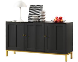 Merax Zwart Dressoir met Marmerlook Blad – 3-Deurs Opbergkast – Sideboard 140x40x80 cm – Modern Design met Messing Handgrepen – Voor Woonkamer - Keuken of Hal