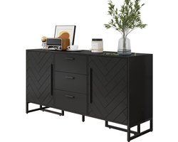 Merax Zwart Dressoir met Visgraatmotief – 145 cm – Kast met 2 Deuren en 3 Lades – Moderne Opbergkast – Mat Zwart