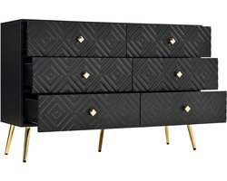 Merax Zwarte Commode Met 6 Lades En Gouden Poten 120x40x80 cm – Moderne Ladekast Voor Slaapkamer Of Woonkamer