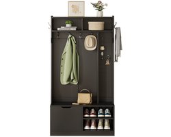 Merax Zwarte Garderobekast met Zitbank – Complete Halmeubelset met 6 Haken - 1 Kastdeur en 4 Open Vakken – Moderne Kapstokkast 100 x 185,5 x 40 cm
