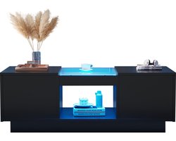 Merax Zwarte Salontafel 100x50x35,5 cm – Met Glaspanelen - LED-verlichting - App-bediening - 2 Lades en Open Opbergruimte
