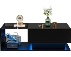 Merax Zwarte Salontafel Hoogglans met Glasplaat en Lade – 100x50x32 cm – Bijzettafel met LED-Verlichting – Moderne Design Tafel met Opbergruimte