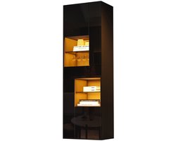 Merax Zwarte Vitrinekast met LED Verlichting - Hoge Opbergkast met Glasplanken en 1 Lade - Hoogglans Kast met Verstelbare Planken - 55 x 38 x 170 cm