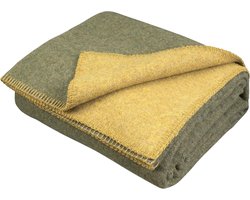 Merino Wollen Deken - Dubbelzijdig - 1 Persoons - Olijfgroen en Mosterd - 130 x 170 cm