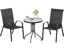 MERKLOOS-3-delige Bistroset voor Balkon & Terras: Ronde Glazen Tuintafel met 2 Stapelbare Hoge Rugleuningen (Textileen/Metaal).