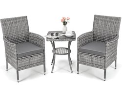 MERKLOOS-3-delige Grijze Polyrotan Balkonset: Loungeset met Glazen Tafel & Kussens – Ideaal voor Tuin & Terras.