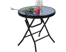 MERKLOOS-Inklapbare Ronde Bijzettafel van Glas en Metaal - Weerbestendig en Onderhoudsarm, Voor Balkon, Tuin en Woonkamer