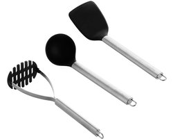 Merkloos Keukengerei Set: Spatel, Opscheplepel & Stamper