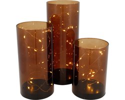 Merkloos | Set van 3 glazen met sfeerlicht | set van 3 bruine glazen met ledlight