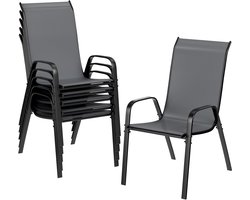 MERKLOOS-Set van 6 Donkergrijze Tuinstoelen: Stapelbaar, Hoge Rugleuning, Textileen & Stalen Frame (150 kg belastbaar).