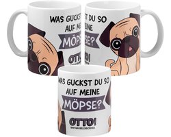 Merkloze Mok met Mopshond Otto - "Was guckst du so auf meine Möpse?" - 320 ml