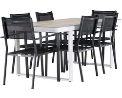 Merlo tuinmeubelset tafel 90x200cm wit, 6 stoelen zwart.
