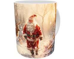 Merry Christmas Santa and Reindeer - Vrolijk Kerstfeest - Fijne Kerstdagen - Kerstman en Rendier in Sneeuw - Mok 330 ml