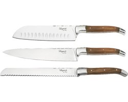 Messenset 3 delig met Bamboe Snijplank, Olijfhout/RVS, Bruin - Santokumes, Broodmes, Kokmes - Laguiole by Haws