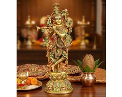 Messing Radha Krishna Kishan Murti Idool standbeeld sculptuur | Pooja Idols | Woondecoratie (15 inch)