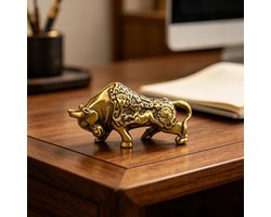 Messing Stier Beeldje - Antiek Koperen Geluksstier Sculptuur - Feng Shui & Zodiac Woondecoratie - 4 cm - Rijkdom & Kracht Figuur