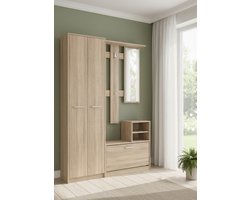 met 2 Deuren en Schoenenkast met Spiegel, Hal Meubel, Sonoma Eiken, Modern Design 135 x 28 x 191 cm