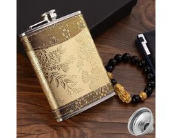 Met nylon bekleede RVS heupfles met gouden bloemen coating - 236ml - Oosterse stijl - Arabisch - Midden Oosten - Veldfles Staal - Platvink - Zakflacon - Heupflacon - Drankfles - Drankflacon - Zakfles