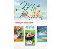 Met pensioen! Hartelijk gefeliciteerd! Een prachtige en bijzondere wenskaart met verschillende afbeeldingen. Een hangmat boven het strand in de palmboom, een barbecue en tuinbenodigdheden. Een dubbele wenskaart inclusief envelop en in folie verpakt.