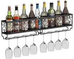 metaal zwart wandmontage wijn champagne glazen bekers glaswerk rekhouder, 80 x 10 cm vat voor maximaal 9 flessen wijn en 9 kopjes glazen