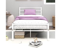 Metal Bed with Slatted Frame, Single Bed, 90 x 200 cm, White
