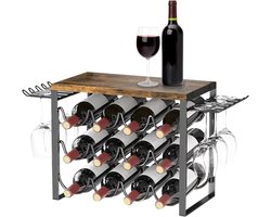 Metal Bottle Rack voor 12 Wine Bottles en 6 Glasses - Robuuste 4 Levels - Houten en Metalen Houder voor Bar, Keuken, Pantry