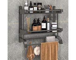 Metal Wall Shelf, 2 Layers, 40 cm, Floating Shelf with Towel Rail and 5 Hooks, Wall Mounted, for Bathroom, Bedroom, Living Room, Kitchen, Home Office, Laundry Room (Grey