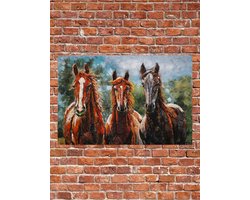 Metalen 3D schilderij 3 paarden 80 cm x 120 cm - schilderij - metal - muurdecoratie - wall - deco - kunst - wanddecoratie - metaal - wandschilderij - decoratief - interieur - cadeau - geschenk - gift - verjaardag - kerst - nieuwjaar