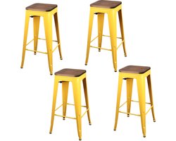 METALEN BARKRUK x 4 MAT GEEL HOUTEN ZITTING 42,5X42,5X77CM