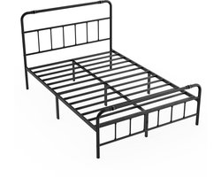 Metalen Bed 140x200 cm – Minimalistisch – Bedframe – Zwart Stalen Bed met Hoog Hoofd- en Voetbord – Opbergruimte Onder Bed – Slaapkamerbed Robust & Minimalistisch