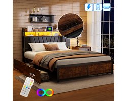 Metalen bed 160x200 cm met ledverlichting en USB, tweepersoonsbed met gestoffeerd hoofdeinde en 4 lades opbergruimte, voor volwassenen en jongeren