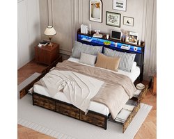 Metalen bed 180x200 cm met 4 laden opbergruimte en LED-hoofdbord, gestoffeerd bed tweepersoonsbed bedframe van metaal met lattenbodem, voor volwassenen en tieners, Vintage bruin +Zwart