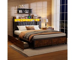 Metalen bed 180x200 cm met ledverlichting en USB, tweepersoonsbed met gestoffeerd hoofdeinde en 4 lades opbergruimte, voor volwassenen en jongeren
