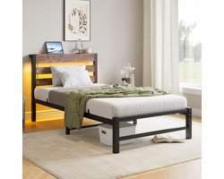 Metalen Bed 90x200 cm - Met Ledverlichting en 2 USB-Aansluitingen - Zonder Matras - Met Opbergruimte - Hout en Metaal - Zwart Bruin
