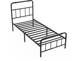 Metalen Bed 90x200 cm – Minimalistisch – Bedframe – Zwart Stalen Bed met Hoog Hoofd- en Voetbord – Opbergruimte Onder Bed – Slaapkamerbed Robust & Minimalistisch
