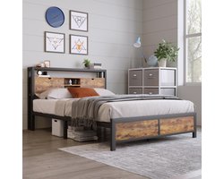 Metalen bed jeugdbedden tweepersoonsbed 140 x 200 cm met opbergruimte hoofdeinde en metalen lattenbodem