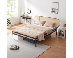 Metalen bed Linköping met matras 160x200 cm zwart en rotan look [en.casa]