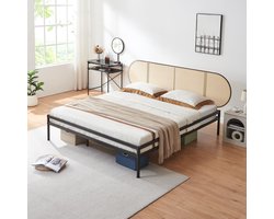 Metalen bed Linköping met matras 180x200 cm zwart en rotan look [en.casa]