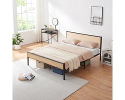 Metalen bed met matras Linköping 200x160x16 cm zwart en rotan look [en.casa]