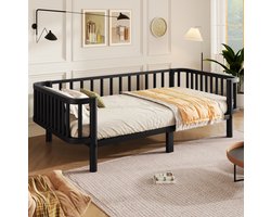 Metalen Bedbank 90x200 cm - Stalen Lattenbodem - Ruimtebesparend Bed En Bank - Voor Slaapkamer En Woonkamer - Zwart - Zonder Matras