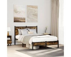 Metalen Bedframe 120x190 cm met Hoofdbord en Opbergruimte – Industrieel Stalen Bed met Lattenbodem, Smoked Oak Design, Stevig en Duurzaam