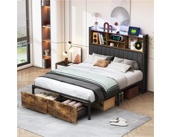Metalen bedframe 140x200 cm met 2 laden opbergruimte, LED-hoofdbord met USB-aansluiting, gestoffeerd bed Tweepersoonsbed Bedframe van metaal met lattenbodem, Vintage Bruin +Zwart