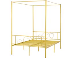Metalen bedframe in volledige grootte, stevig stalen frame met eenvoudig hoofdeinde en vierpotsontwerp, duurzame lattenbodem, opbergruimte onder het bed, geen boxspring nodig, snelle montage, gouden afwerking