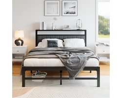 Metalen bedframe - Platform bed - Slaapkamer inrichten - Gepolsterd hoofdeinde - 140x200 cm - Donkergrijs