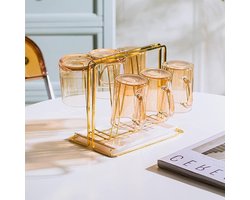 Metalen Beker Droogrek - Mokhouder Organizer - Keuken Opbergen - Met 6 Haken - 20x18x14 cm - Goud