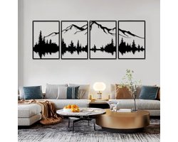 Metalen Berg- en Bos Wanddecoratie – 3D Lijnkunst – Set van 4 – Zwart – Grote Wandsculptuur