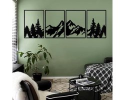 Metalen Berg- en Bos Wanddecoratie – 3D Lijnkunst – Set van 4 – Zwart – Grote Wandsculptuur