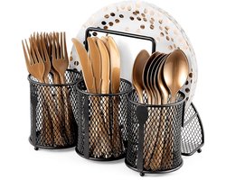 Metalen bestekrek met 4 vakken en zwart gaasontwerp - Duurzame ijzeren keukenorganizer voor lepels, vorken, borden en keukengerei, perfect voor kamperen, picknicks,