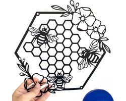 Metalen bijenmuurkunst boerderij honingbijen en bijenkorven met bloemen metalen wanddecoratie hangend voor woonkamer tuin slaapkamer kantoor huis muur (zwart)